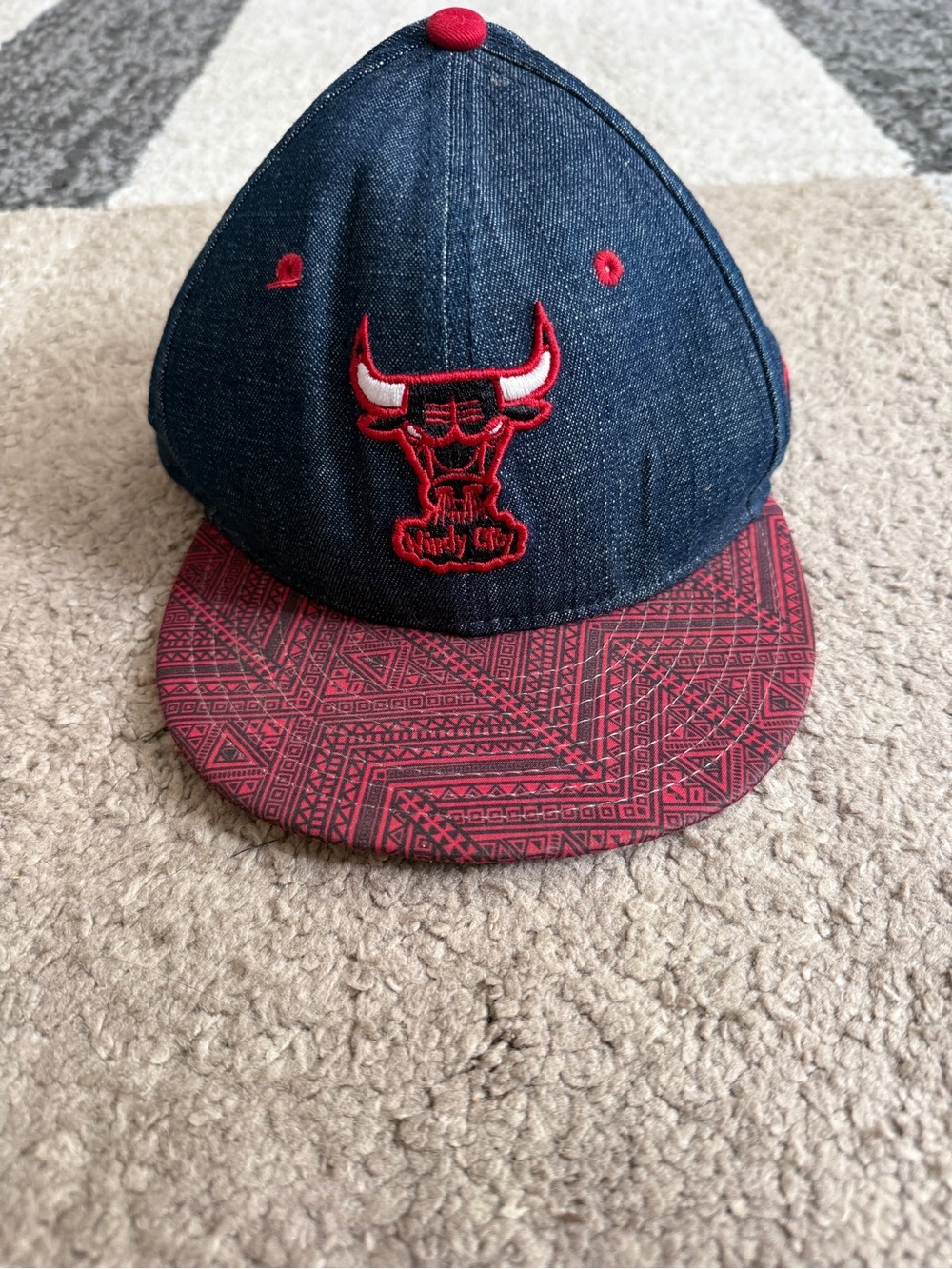 New Era Chicago Bulls Denim Snapback Youth Hat with Red Patterned Brim